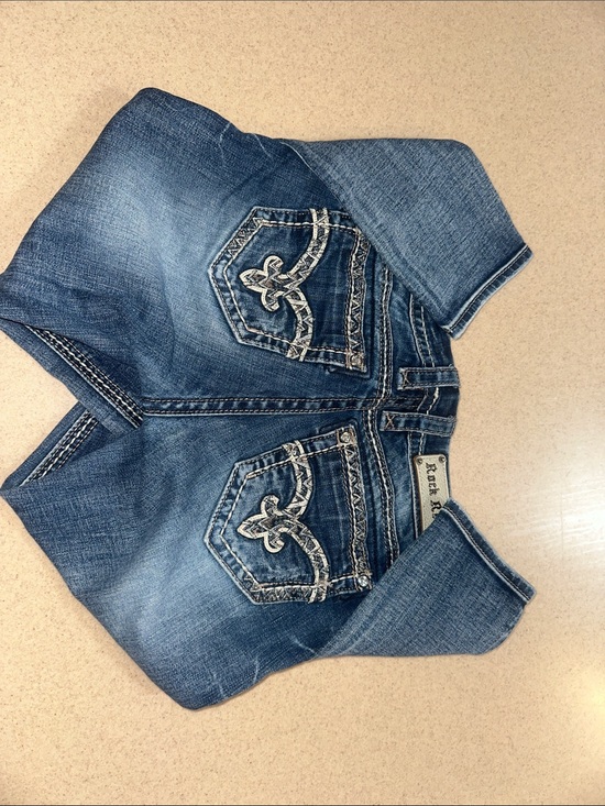 Rock Revival Denim - Rock Revival Distressed Medium Blue Embroidered Pocket Cuffed- Skinny Jeans